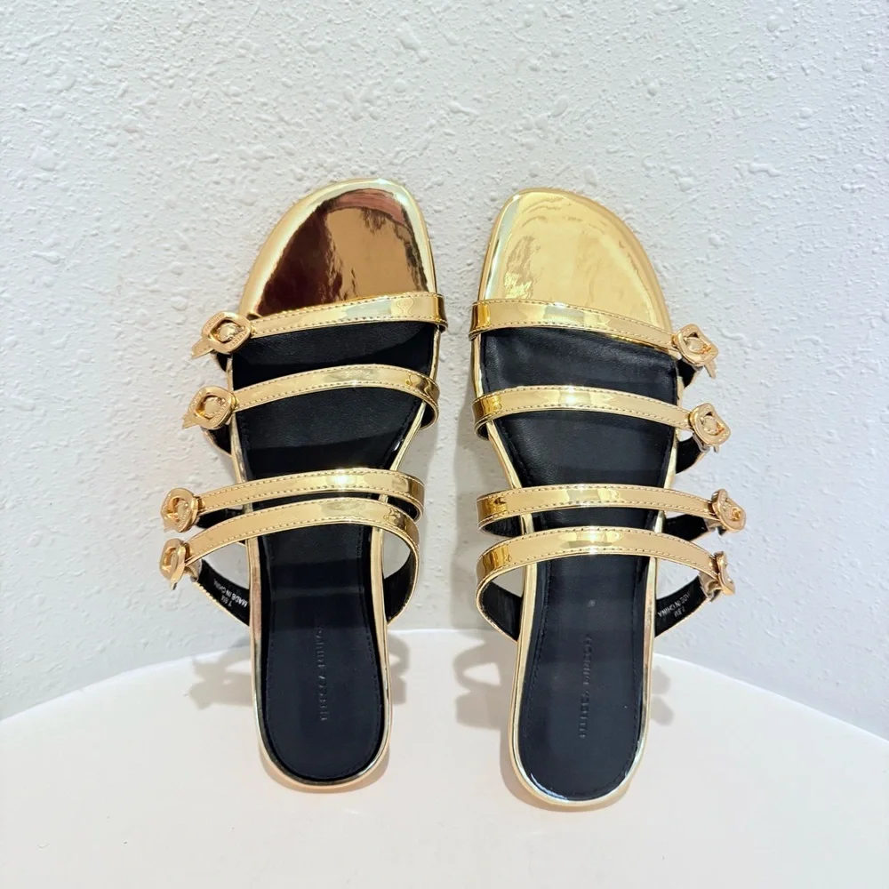 Rebecca Minkoff Gold Buckle Vegan Leather Women’s Sandals Size 7.5 NIB